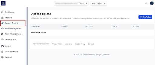 Access Tokens Menu