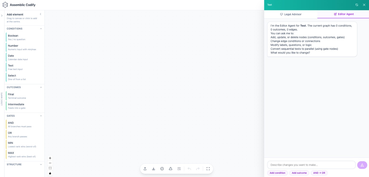 Assemblic Codify Editor Agent alongside a blank logic map canvas
