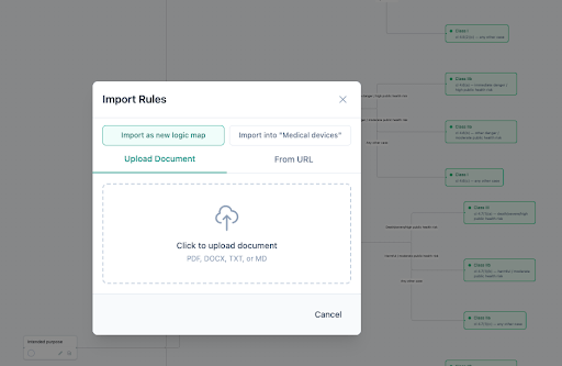 Import Rules dialog in Assemblic Codify, with options to upload a document or import from a URL