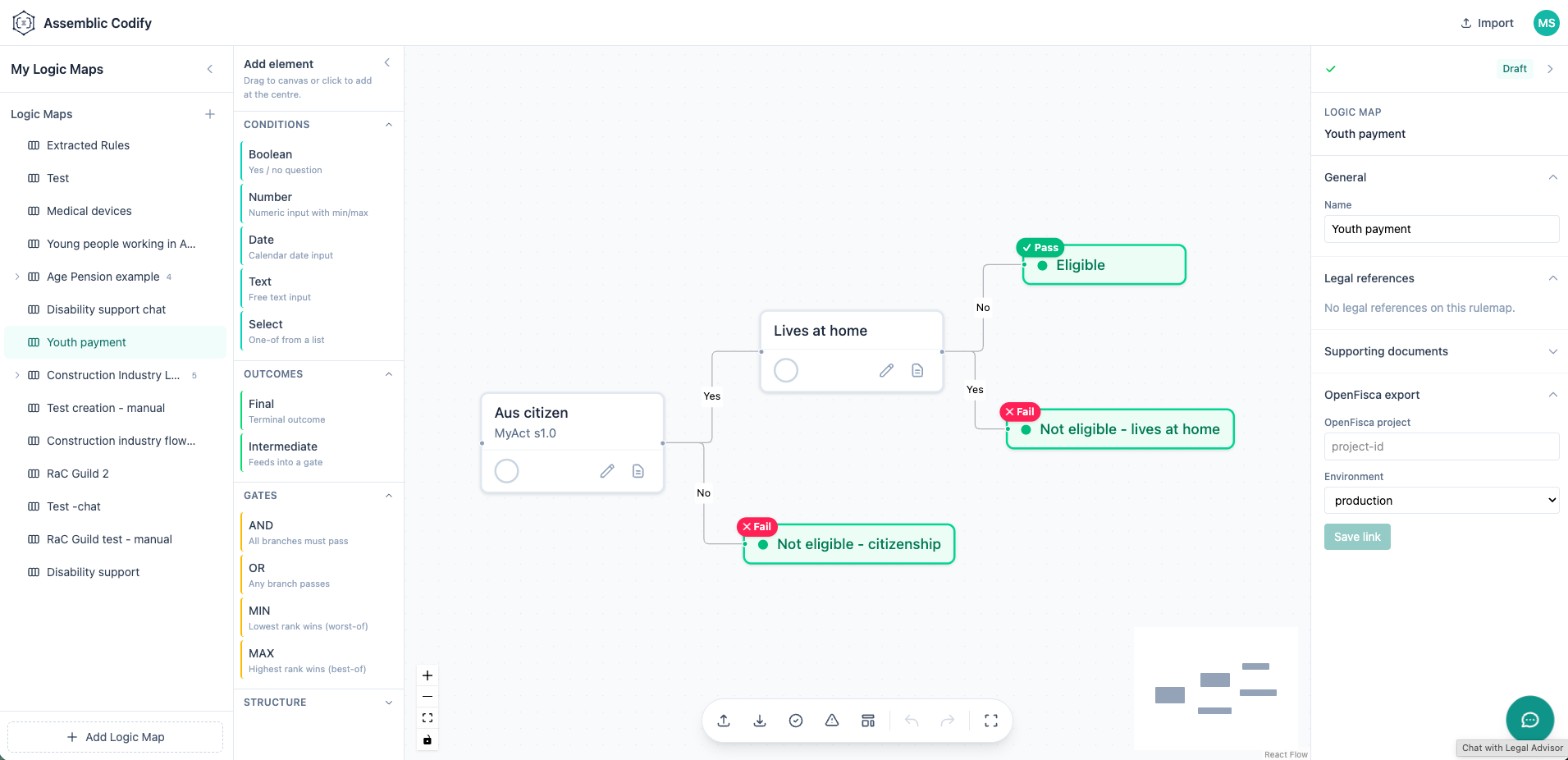 Assemblic Codify export panel for pushing generated OpenFisca code into an Assemblic project